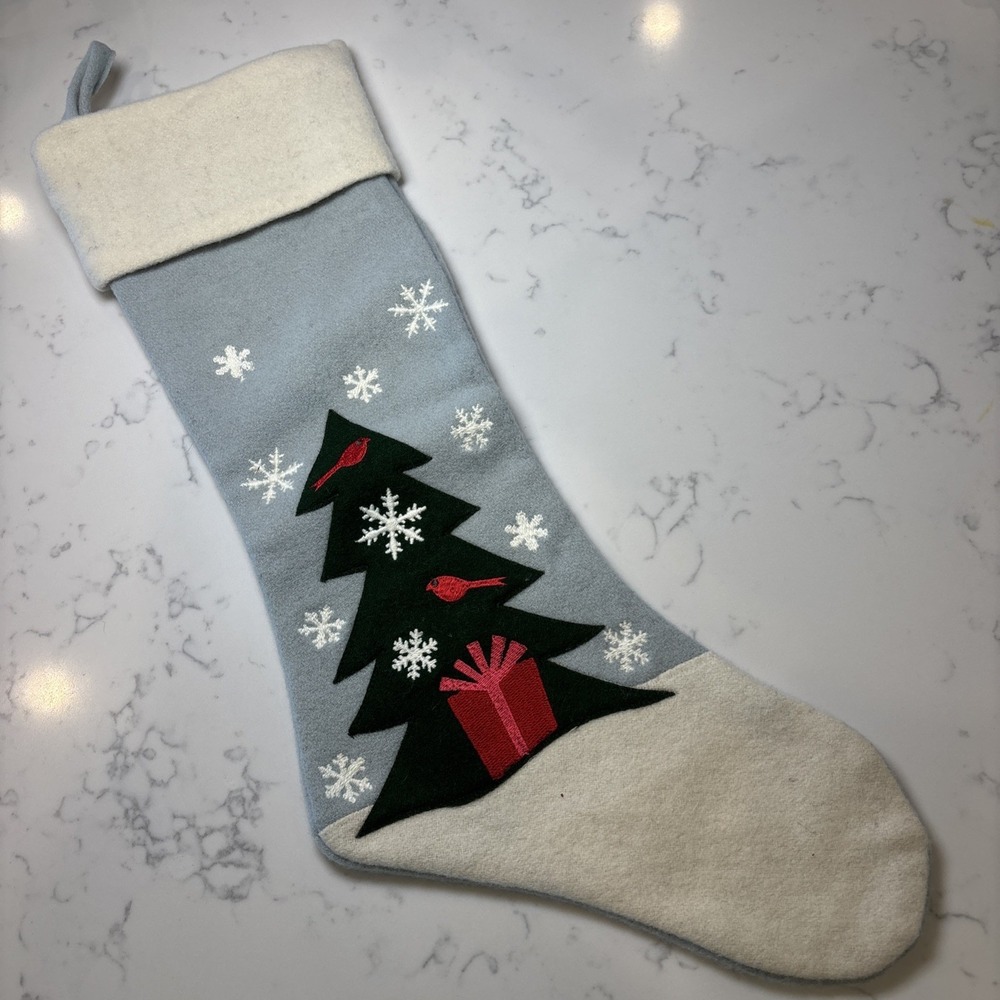 Crate & Barrel Aspen Fir Christmas Stocking Holiday Decor Wool Blend Light Blue